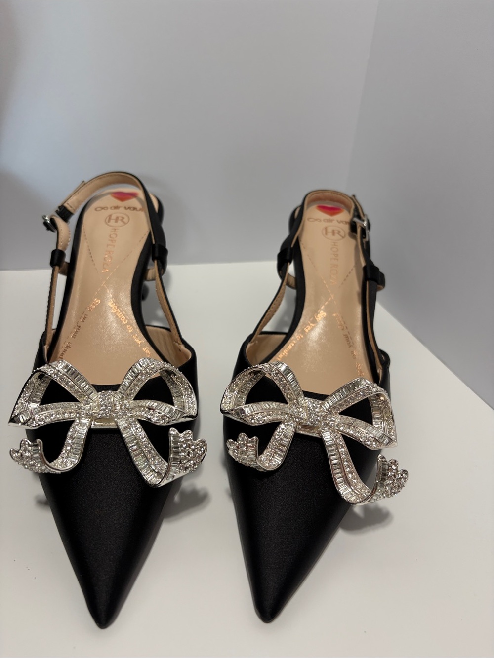 Black Satin Pointed Slingback Mules Crystal Bow Accent size 37.5 Hope Roza new